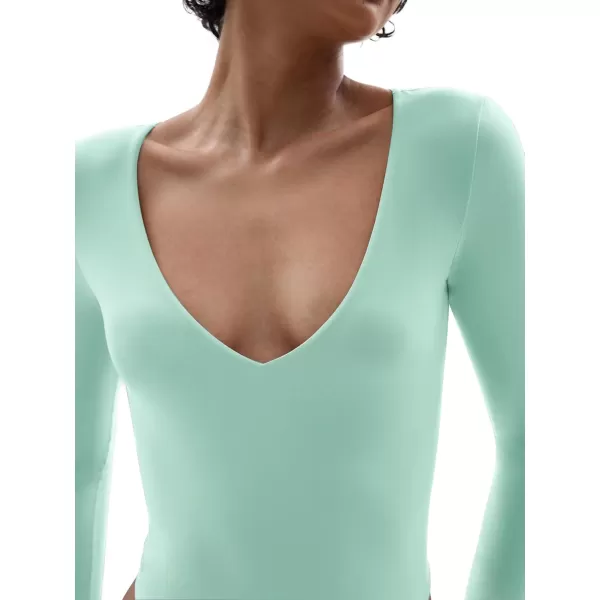 SHAPERX Women's Long Sleeve Bodysuit Fits Everybody Soft V Neck Basic Tops with Thong