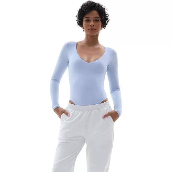 SHAPERX Women's Long Sleeve Bodysuit Fits Everybody Soft V Neck Basic Tops with Thong