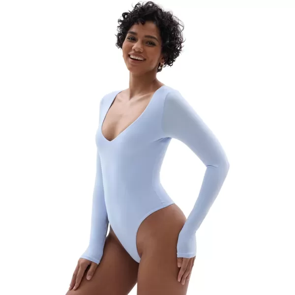 SHAPERX Women's Long Sleeve Bodysuit Fits Everybody Soft V Neck Basic Tops with Thong