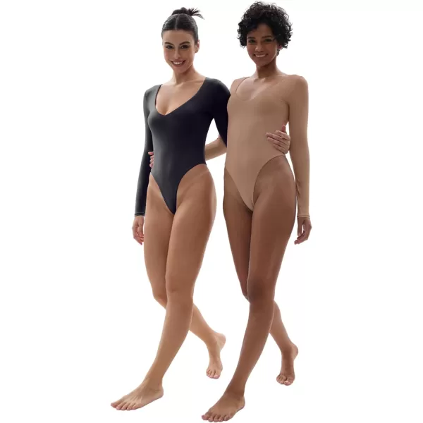 SHAPERX Women's Long Sleeve Bodysuit Fits Everybody Soft V Neck Basic Tops with Thong