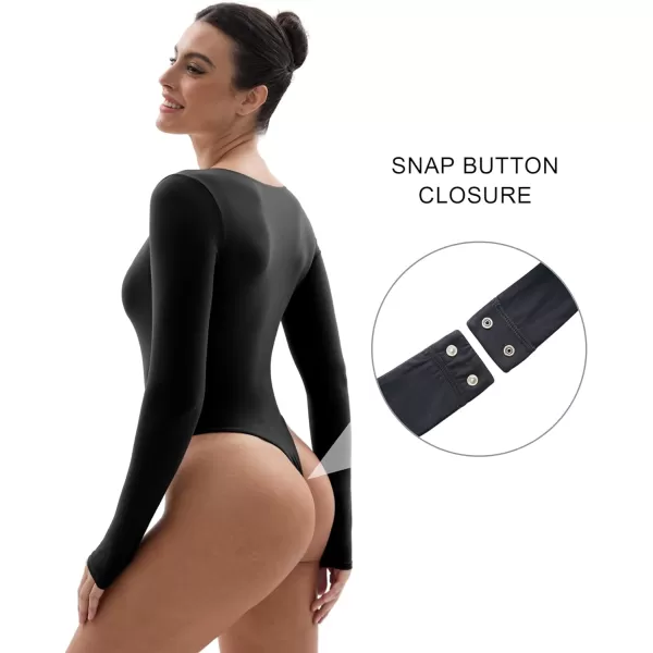 SHAPERX Women's Long Sleeve Bodysuit Fits Everybody Soft V Neck Basic Tops with Thong