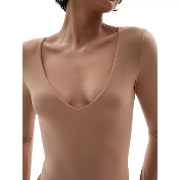 SHAPERX Women's Long Sleeve Bodysuit Fits Everybody Soft V Neck Basic Tops with Thong