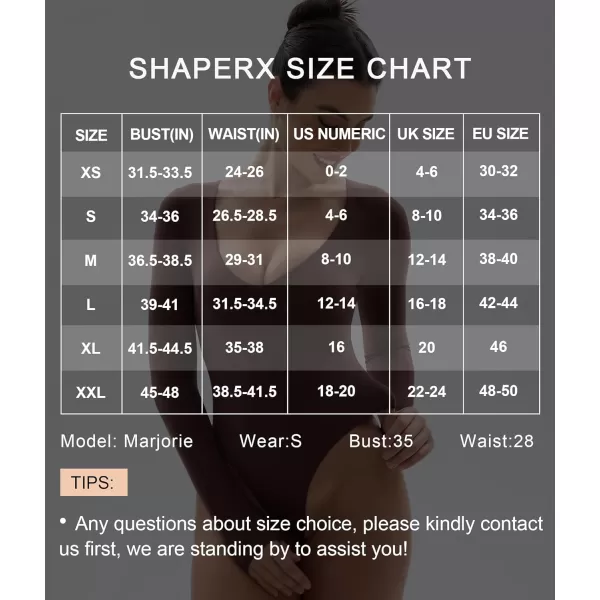 SHAPERX Women's Long Sleeve Bodysuit Fits Everybody Soft V Neck Basic Tops with Thong