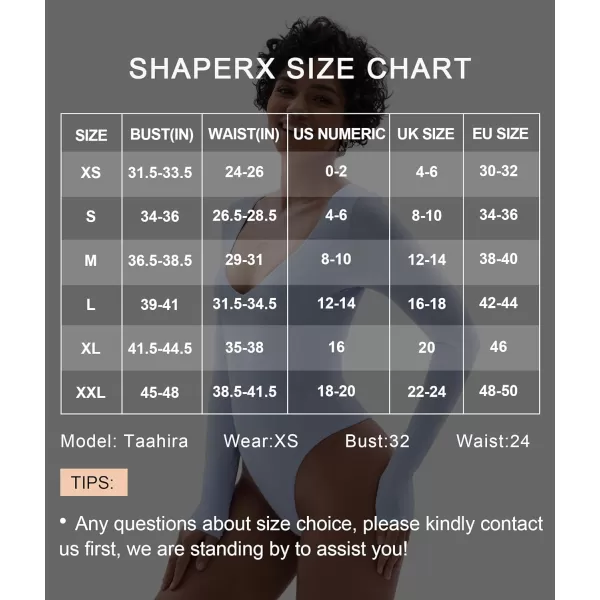 SHAPERX Women's Long Sleeve Bodysuit Fits Everybody Soft V Neck Basic Tops with Thong