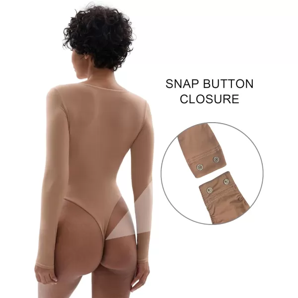 SHAPERX Women's Long Sleeve Bodysuit Fits Everybody Soft V Neck Basic Tops with Thong