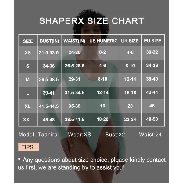 SHAPERX Women's Long Sleeve Bodysuit Fits Everybody Soft V Neck Basic Tops with Thong