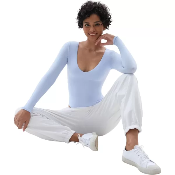SHAPERX Women's Long Sleeve Bodysuit Fits Everybody Soft V Neck Basic Tops with Thong