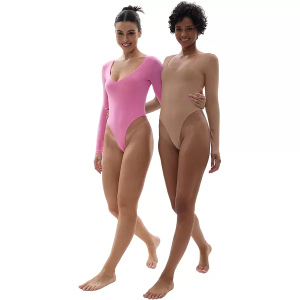 SHAPERX Women's Long Sleeve Bodysuit Fits Everybody Soft V Neck Basic Tops with Thong