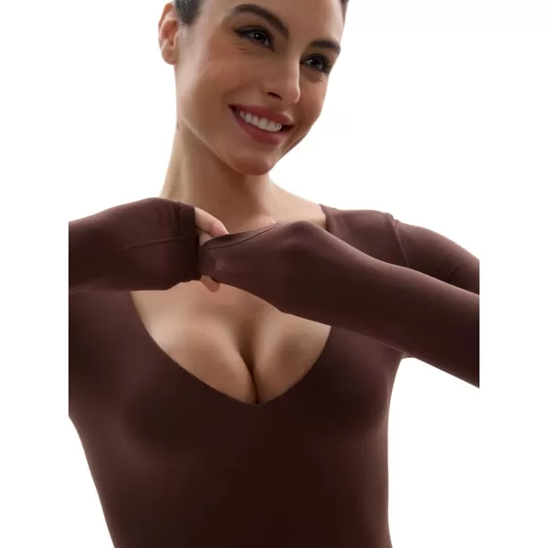 SHAPERX Women's Long Sleeve Bodysuit Fits Everybody Soft V Neck Basic Tops with Thong