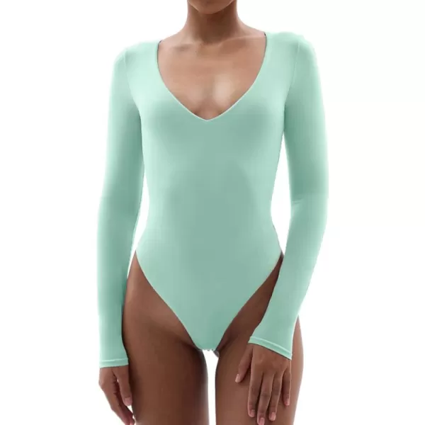 SHAPERX Women's Long Sleeve Bodysuit Fits Everybody Soft V Neck Basic Tops with Thong