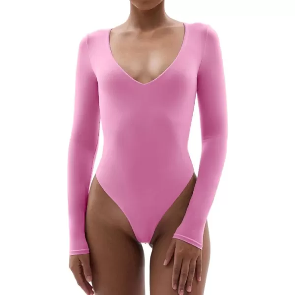 SHAPERX Women's Long Sleeve Bodysuit Fits Everybody Soft V Neck Basic Tops with Thong