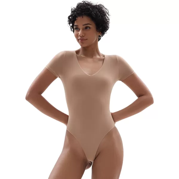 SHAPERX Women's Fit Everybody Bodysuit Soft Crew Neck T-shirt Body Suits with Thong Design