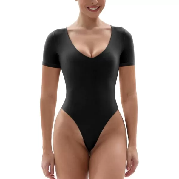 SHAPERX Women's Fit Everybody Bodysuit Soft Crew Neck T-shirt Body Suits with Thong Design