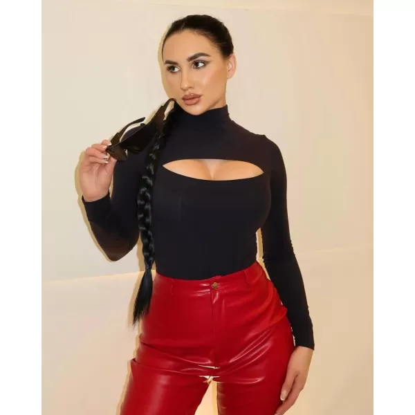 SHAPERX Women's Long Sleeve Bodysuit Fit Everybody Mock Neck Cutout Front Body Suits with Thong Design
