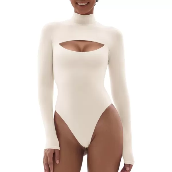 SHAPERX Women's Long Sleeve Bodysuit Fit Everybody Mock Neck Cutout Front Body Suits with Thong Design