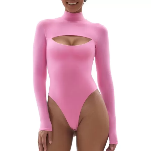 SHAPERX Women's Long Sleeve Bodysuit Fit Everybody Mock Neck Cutout Front Body Suits with Thong Design