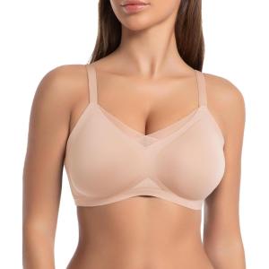 imageSHAPERX Bras for Women Wireless V Mesh Comfortable Bralette Seamless Push Up Everyday Bra with Removable CupsBeige