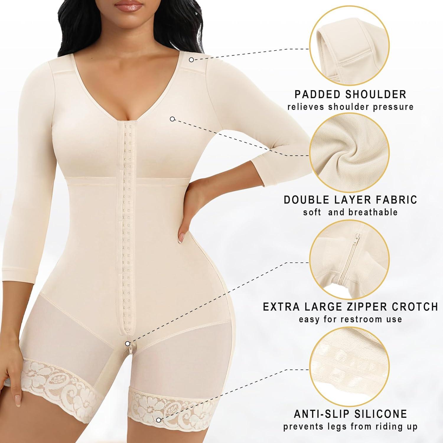 imageSHAPERX Womens Fajas Colombianas Shapewear Postpartum Tummy Control Arm Slimming Full Body Shaper with Zipper CrotchBeige