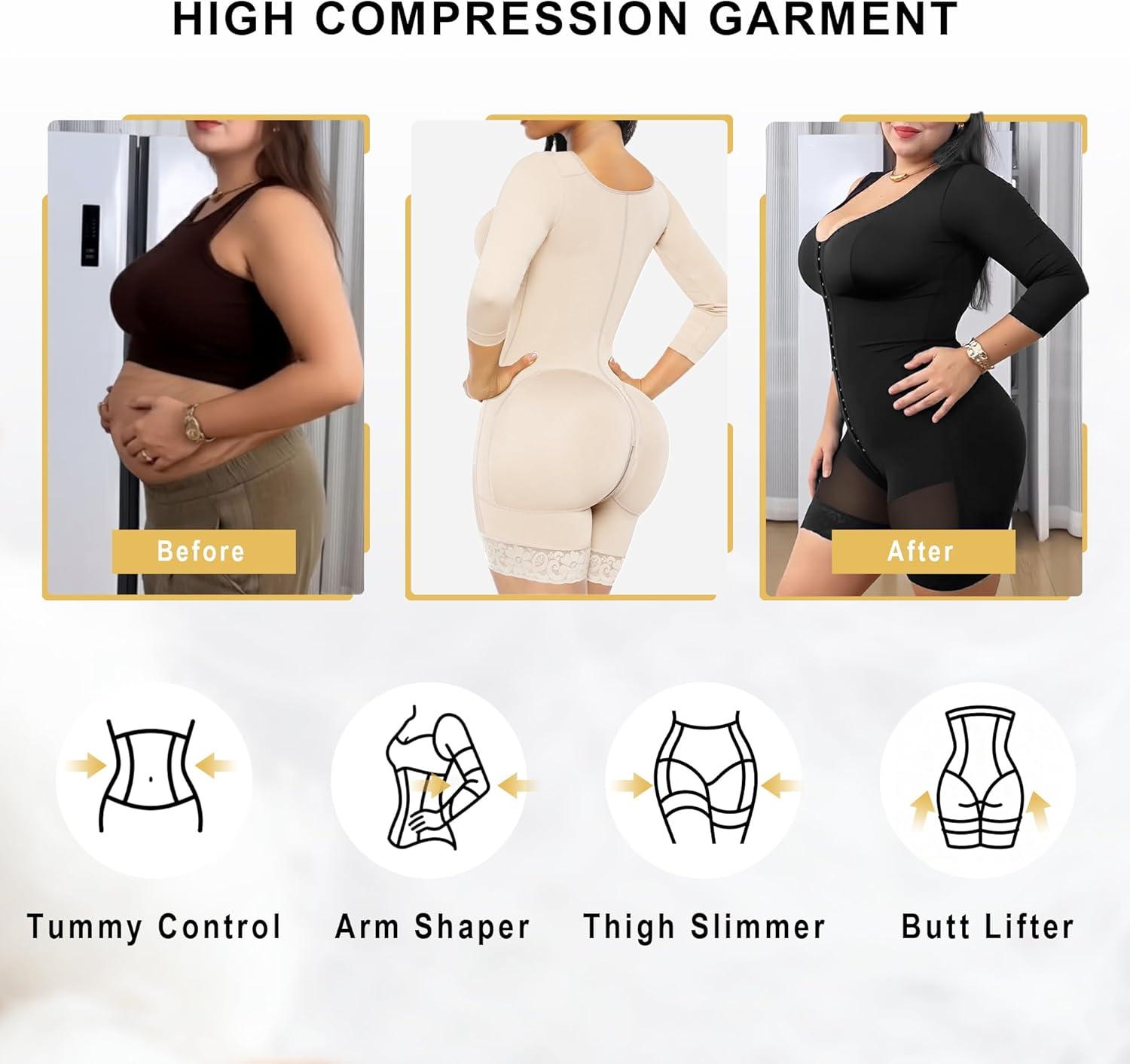 imageSHAPERX Womens Fajas Colombianas Shapewear Postpartum Tummy Control Arm Slimming Full Body Shaper with Zipper CrotchBeige