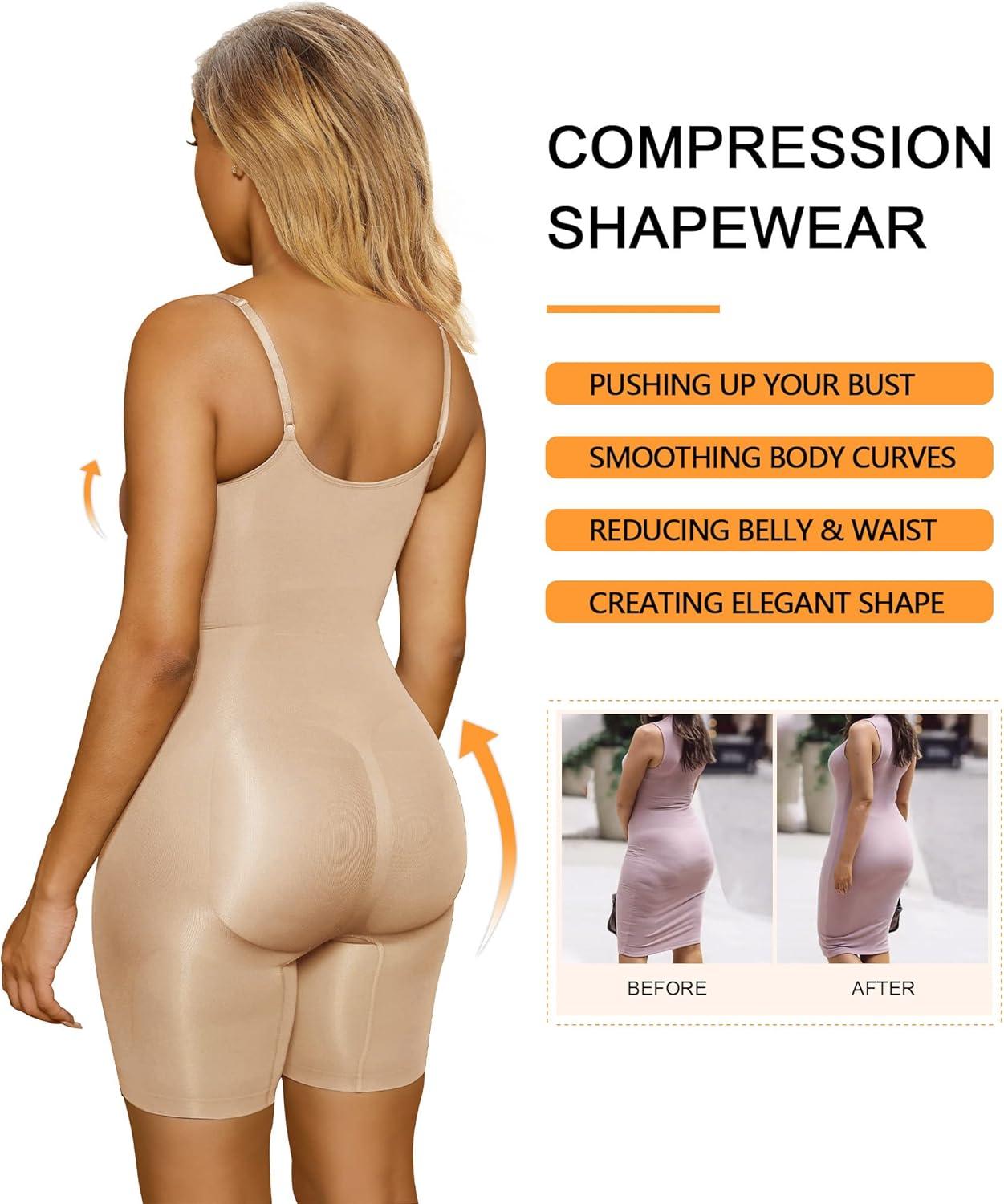 imageSHAPERX Womens Seamless Shapewear Bodysuit Tummy Control Body Shaper Waist Snatching Body SuitBeige Mid Thigh