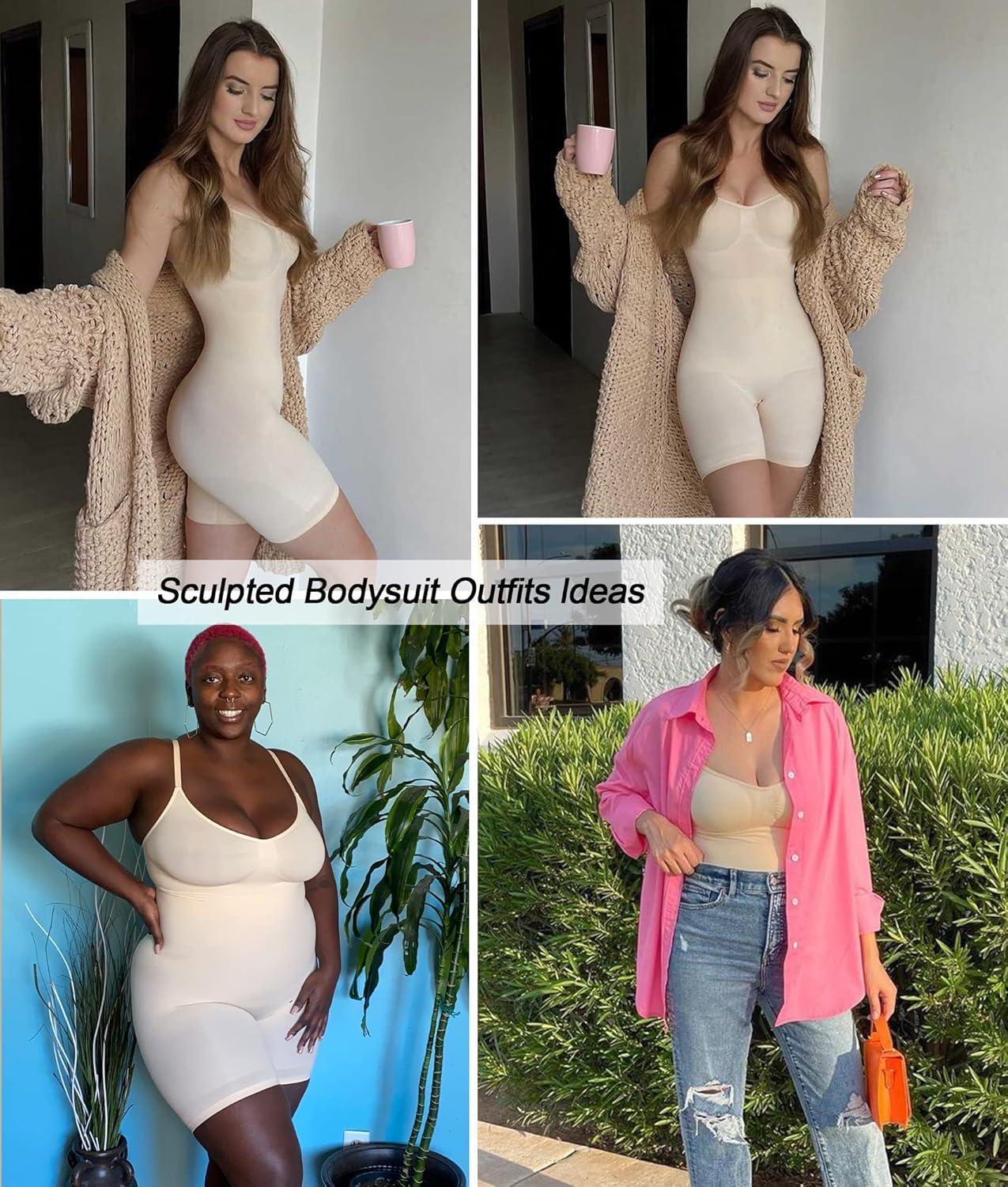 imageSHAPERX Womens Seamless Shapewear Bodysuit Tummy Control Body Shaper Waist Snatching Body SuitBeige Mid Thigh