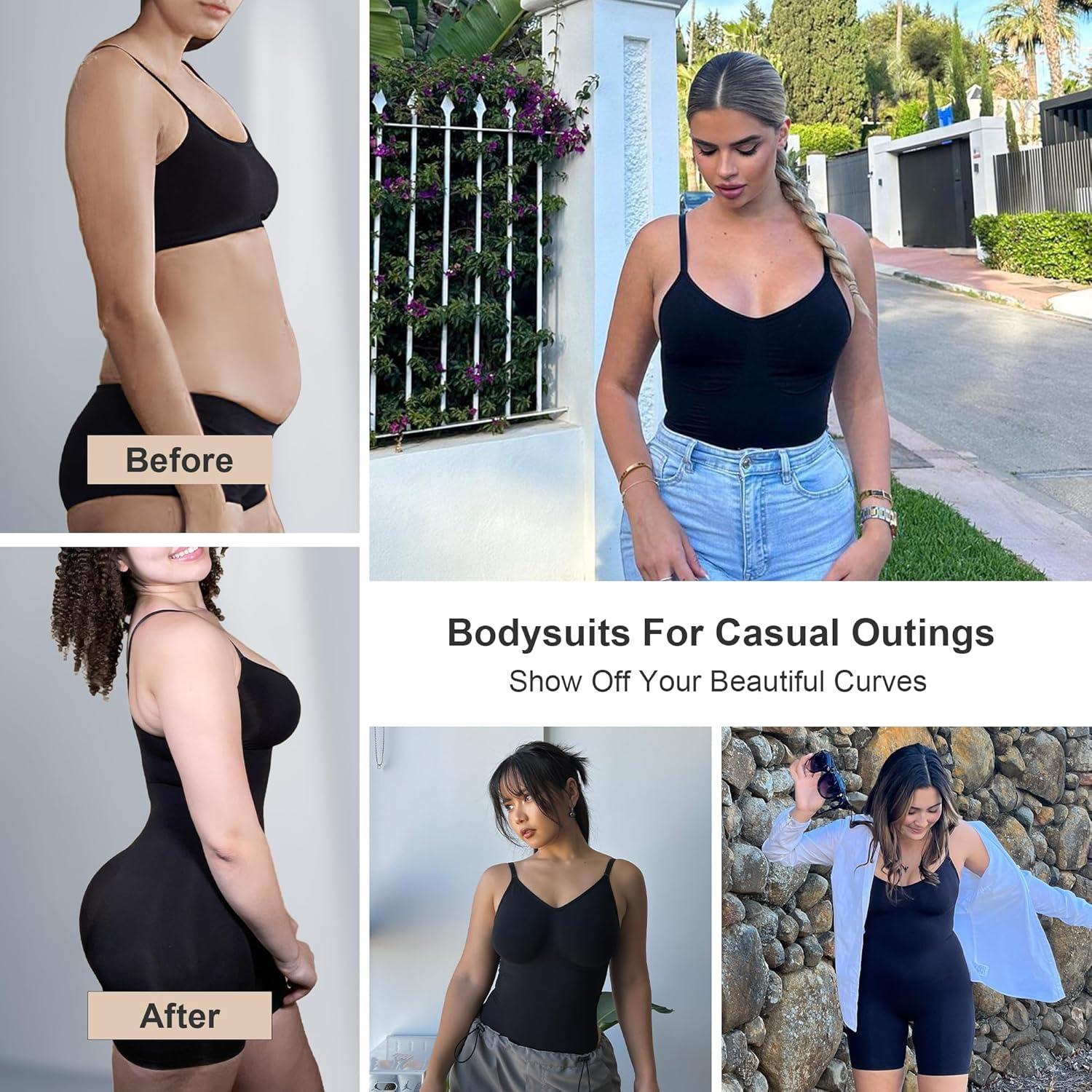 imageSHAPERX Womens Seamless Shapewear Bodysuit Tummy Control Body Shaper Waist Snatching Body SuitBlack Mid Thigh