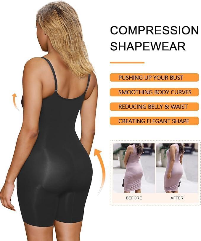 imageSHAPERX Womens Seamless Shapewear Bodysuit Tummy Control Body Shaper Waist Snatching Body SuitBlack Mid Thigh
