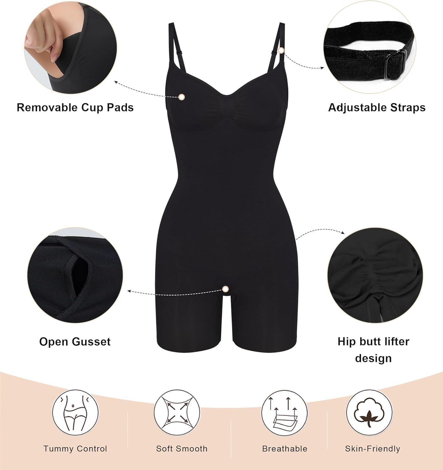 imageSHAPERX Womens Seamless Shapewear Tummy Control Bodysuit with Removable Pads Mid Thigh Body ShaperBlack Mid Thigh