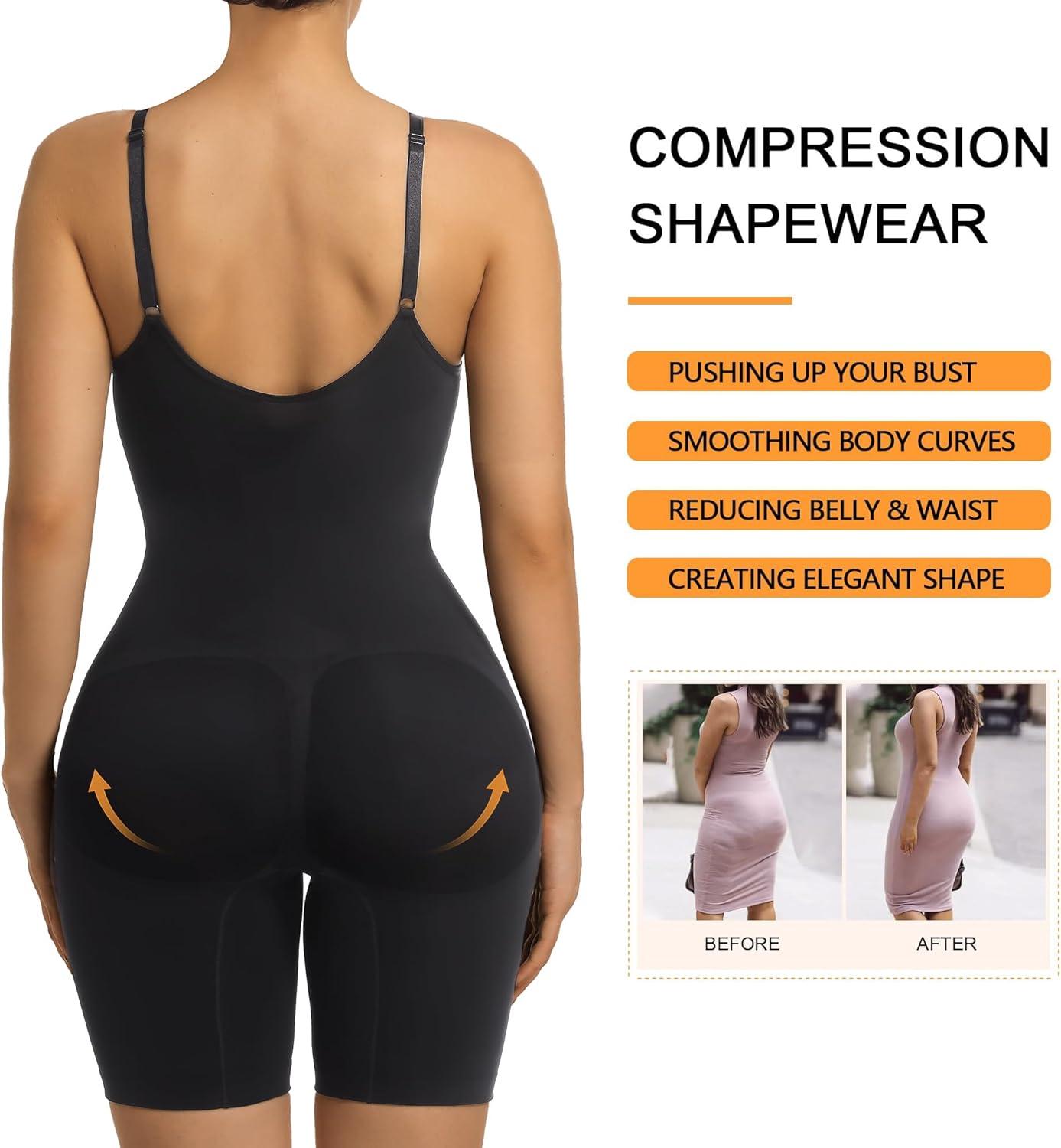 imageSHAPERX Womens Seamless Shapewear Tummy Control Bodysuit with Removable Pads Mid Thigh Body ShaperBlack Mid Thigh