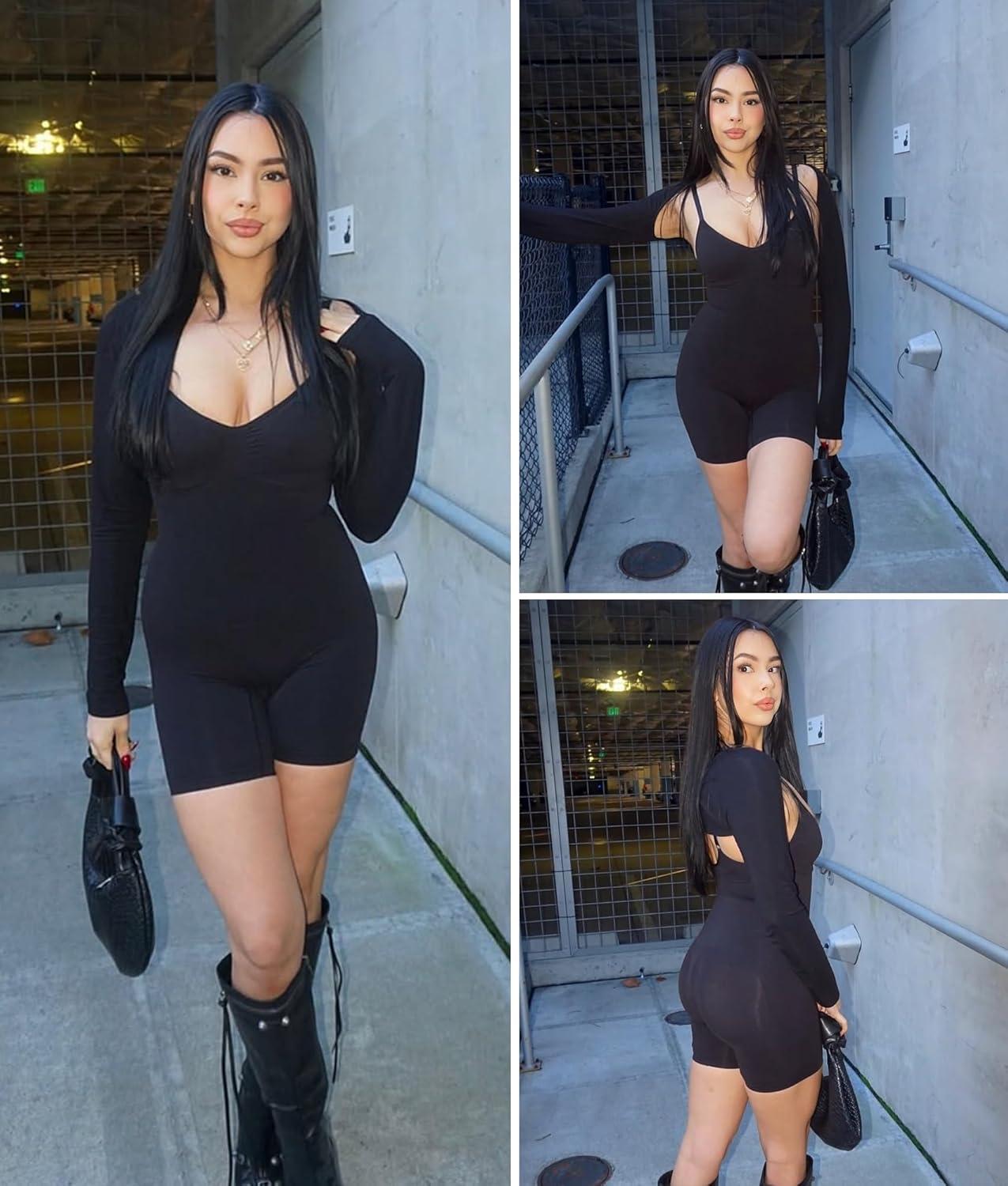 imageSHAPERX Womens Seamless Shapewear Tummy Control Bodysuit with Removable Pads Mid Thigh Body ShaperBlack Mid Thigh