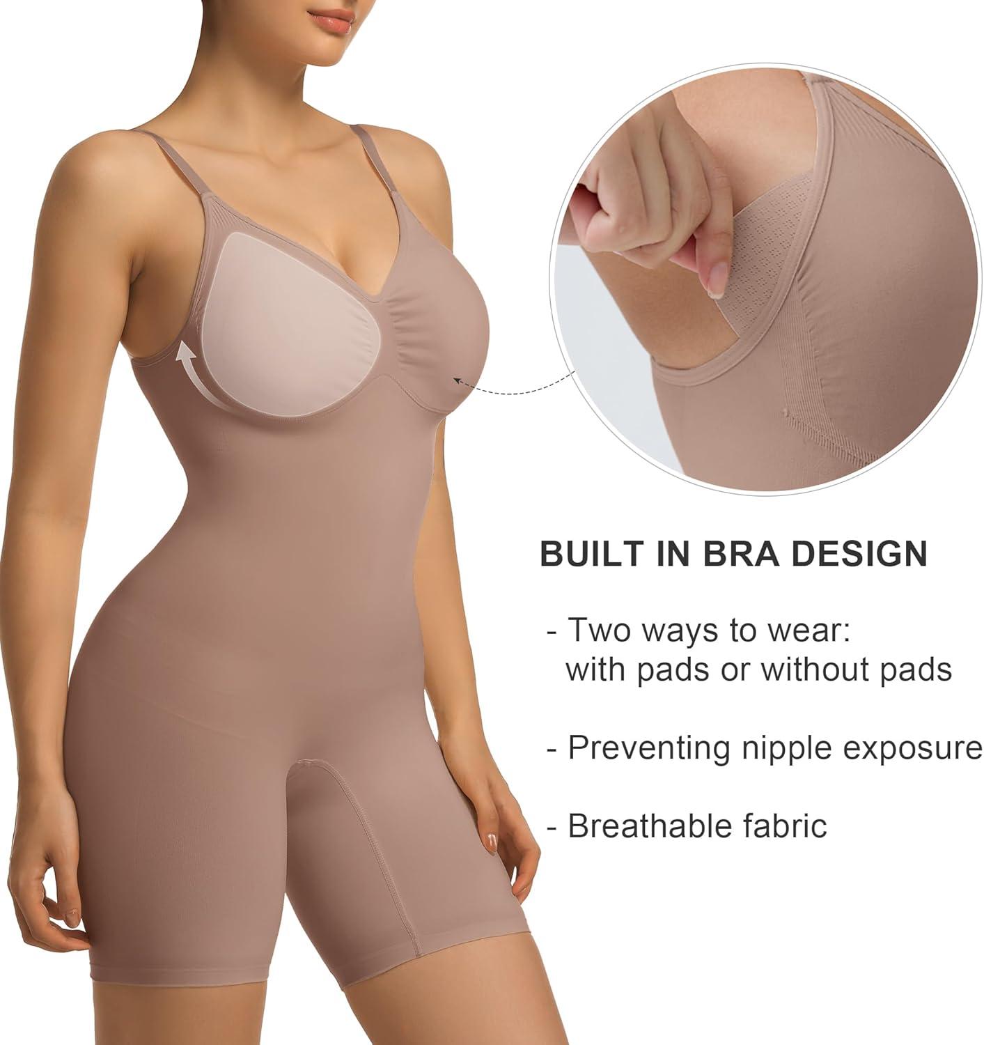 imageSHAPERX Womens Seamless Shapewear Tummy Control Bodysuit with Removable Pads Mid Thigh Body ShaperSienna Mid Thigh