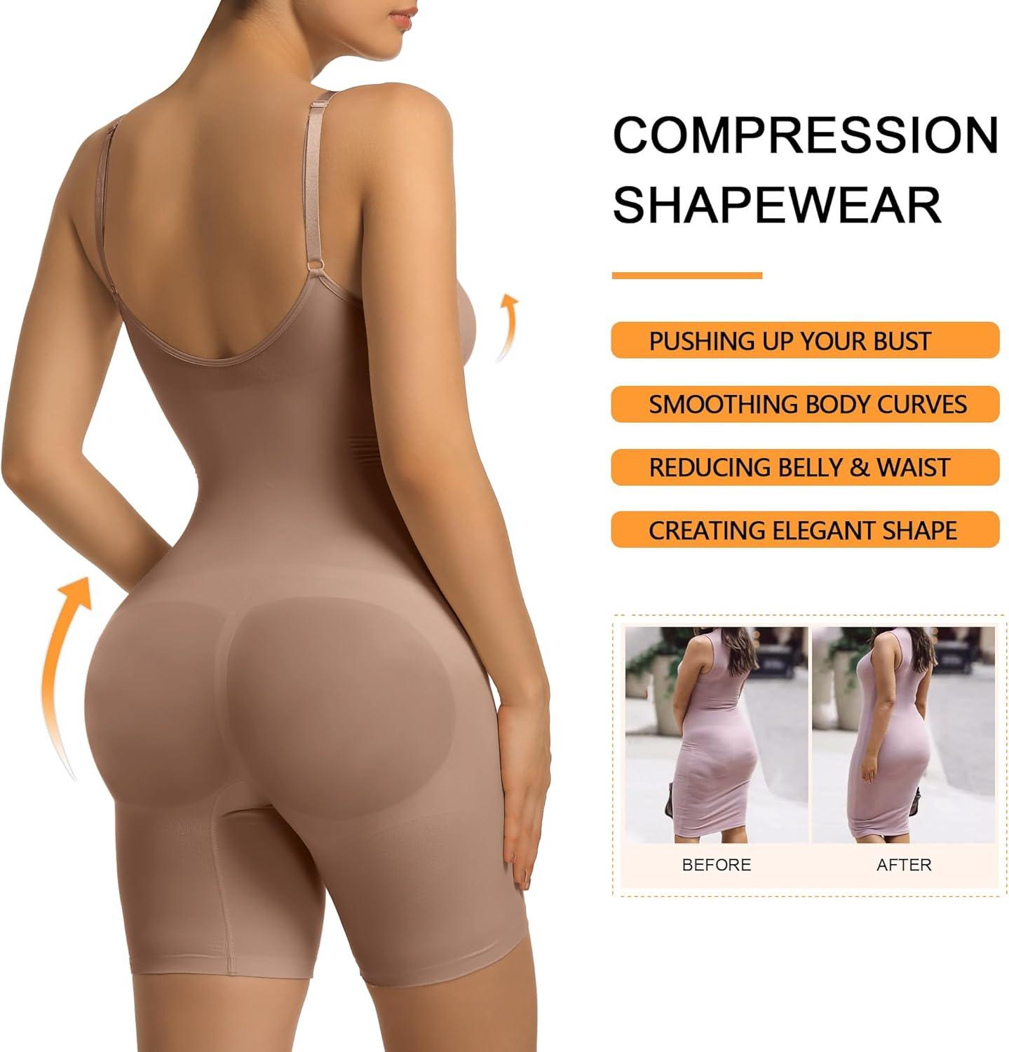 imageSHAPERX Womens Seamless Shapewear Tummy Control Bodysuit with Removable Pads Mid Thigh Body ShaperSienna Mid Thigh