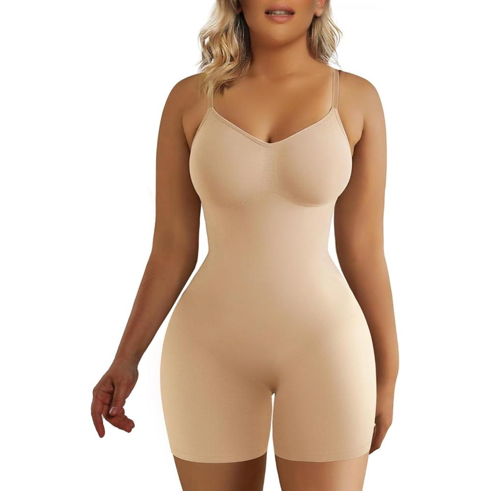 imageSHAPERX Womens Seamless Shapewear Bodysuit Tummy Control Body Shaper Waist Snatching Body SuitBeige Mid Thigh