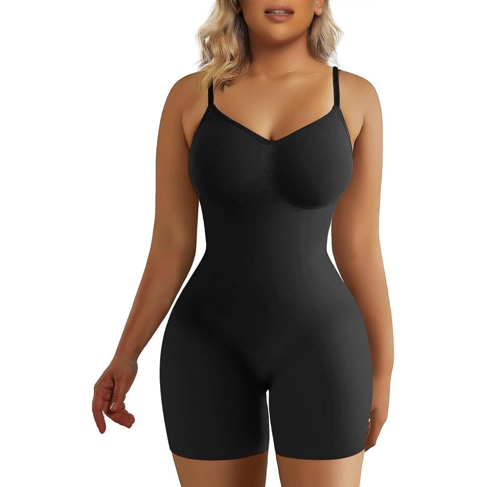 imageSHAPERX Womens Seamless Shapewear Bodysuit Tummy Control Body Shaper Waist Snatching Body SuitBlack Mid Thigh