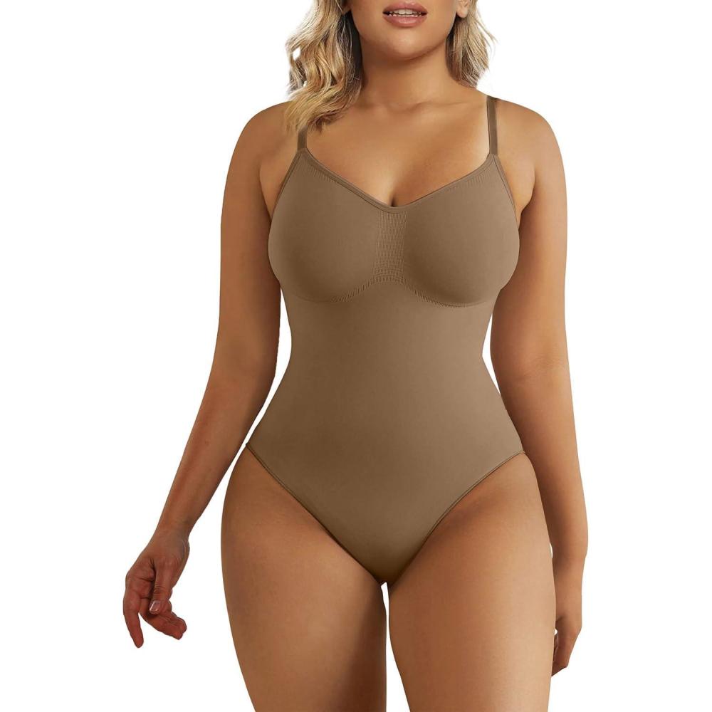 imageSHAPERX Womens Seamless Shapewear Bodysuit Tummy Control Body Shaper Waist Snatching Body SuitBrown Thong