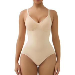 imageSHAPERX Womens Seamless Shapewear Tummy Control Bodysuit with Removable Pads Mid Thigh Body ShaperBeige Brief