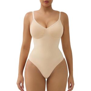 imageSHAPERX Womens Seamless Shapewear Tummy Control Bodysuit with Removable Pads Mid Thigh Body ShaperBeige Thong