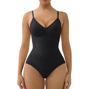 imageSHAPERX Womens Seamless Shapewear Tummy Control Bodysuit with Removable Pads Mid Thigh Body ShaperBlack Brief