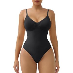 imageSHAPERX Womens Seamless Shapewear Tummy Control Bodysuit with Removable Pads Mid Thigh Body ShaperBlack Thong