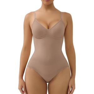 imageSHAPERX Womens Seamless Shapewear Tummy Control Bodysuit with Removable Pads Mid Thigh Body ShaperSienna Brief