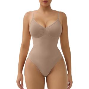 imageSHAPERX Womens Seamless Shapewear Tummy Control Bodysuit with Removable Pads Mid Thigh Body ShaperSienna Thong