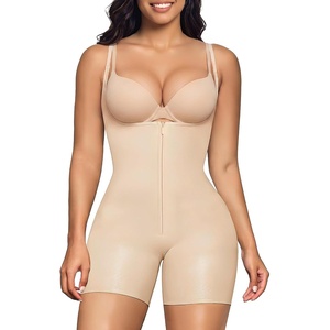 image:imageSHAPERX Womens Shapewear Bodysuit Bonded Tummy Control Panel Seamless Faja ZipUp Mid Thigh Body Shaper with Zipper CrotchBeige