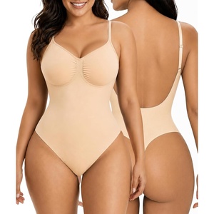 image:imageSHAPERX Womens Low Back Shapewear Bodysuit Seamless Tummy Control Backless Thong Body Shaper with Adjustable StrapsBeige