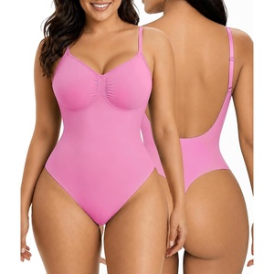 image:imageSHAPERX Womens Low Back Shapewear Bodysuit Seamless Tummy Control Backless Thong Body Shaper with Adjustable StrapsPink