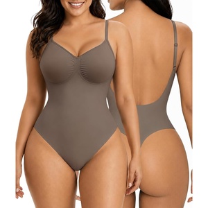image:imageSHAPERX Womens Low Back Shapewear Bodysuit Seamless Tummy Control Backless Thong Body Shaper with Adjustable StrapsUmber