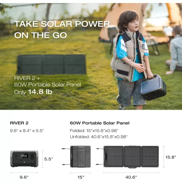 EF ECOFLOW Portable Power Station RIVER 2, 256Wh LiFePO4 Battery/ 1 Hour Fast Charging, 2 Up to 600W AC Outlets, Solar Generator  for Outdoor Camping/RVs/Home Use