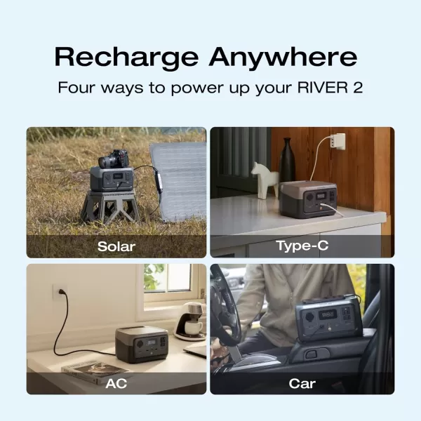 EF ECOFLOW Portable Power Station RIVER 2, 256Wh LiFePO4 Battery/ 1 Hour Fast Charging, 2 Up to 600W AC Outlets, Solar Generator  for Outdoor Camping/RVs/Home Use