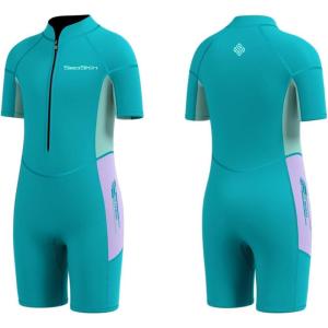 imageSeaskin Kids Wetsuit for Boys Girls Toddler 2mm Front Zip Thermal Swimsuits Shorty Diving SuitsPurple