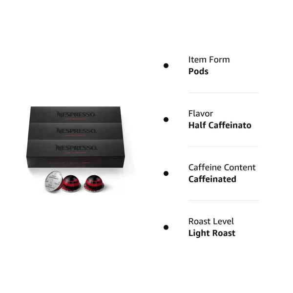 Nespresso Capsules Vertuo, Half Caffeinato, Mild Roast Coffee, 30-Count Coffee Pods, Brews 7.77 fl. oz.