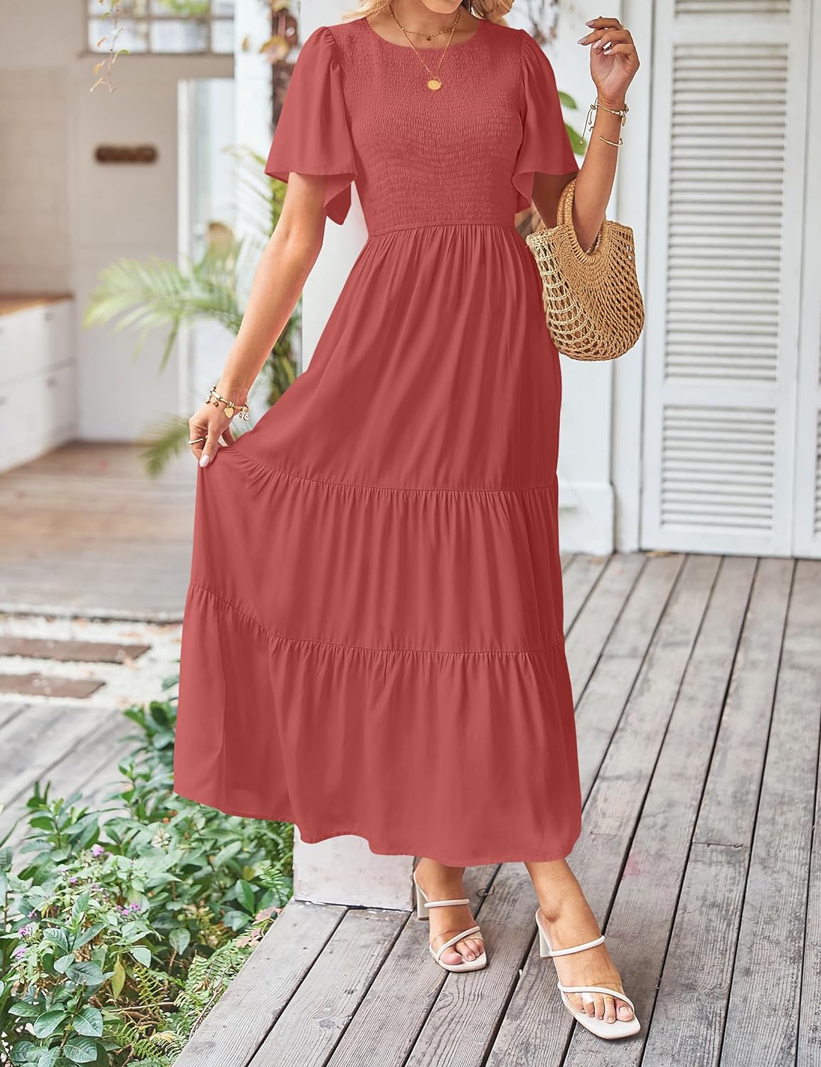 imageZESICA Womens Summer Casual Flutter Short Sleeve Crew Neck Solid Color Smocked Tiered A Line Flowy Beach Midi DressCoral